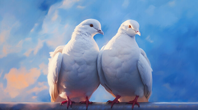 two white doves on a blue sky  HD 8K wallpaper Stock Photographic Image