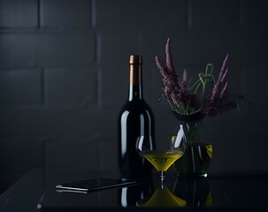 glass of wine and bottle on wooden table