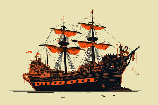 Hand-drawn cartoon Battle Ship flat art Illustrations in minimalist vector style