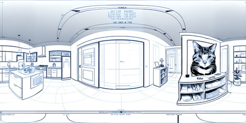 sketch of the interior of a house where a cat portrait on a wall arafed view of a kitchen with a cat sitting on a counter, architecture technical blueprint, fisheye perspective, under construction.