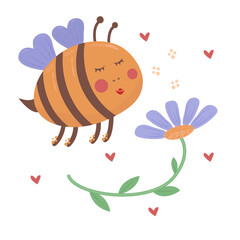 Cute bee and blue flower, love to apiary, beekeeping colorful illustration
