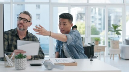 Training, Asian man or manager with documents talking, speaking or planning project in office. Mentorship, teamwork or senior leader reading paperwork or notes with intern worker for admin coaching