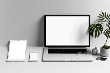 top view of a laptop, tablet, and phone Easy Repack your design on a white screen laptop mockup, illustration, with a white screen in a modern home with a modest white workpark. Generative AI