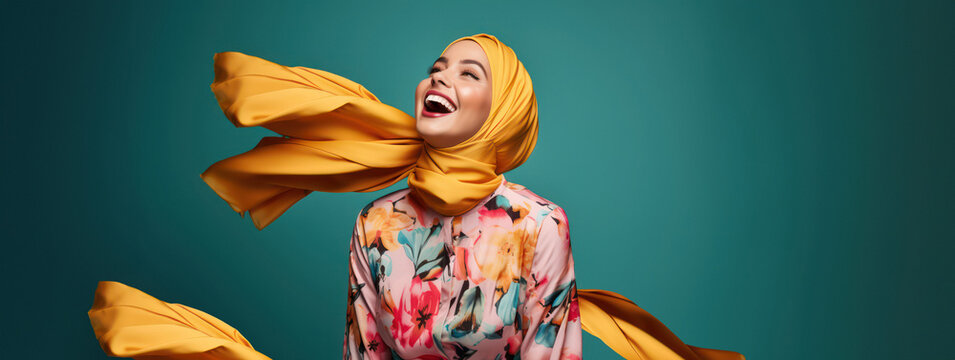 modern colorful stylish outfit photoshoot of a muslim hijab woman in dynamic shot happy and positive for modest trendy arab women fashion as wide banner with copysapce area - Generative AI
