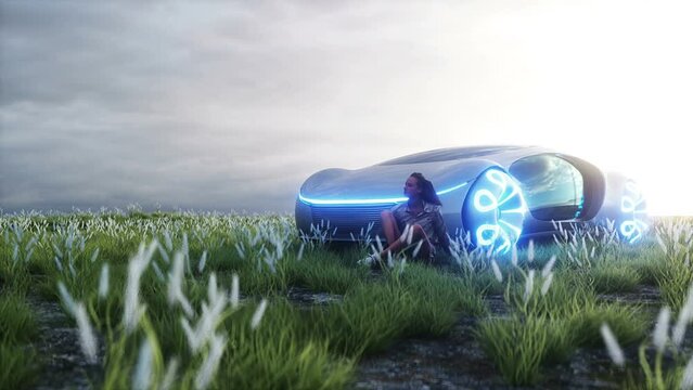 3d girl and futuristic electric car on walley. Future concept. Realistic 4k animation.