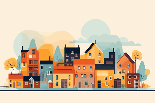 Hand-drawn Cartoon Township Flat Art Illustrations In Minimalist Vector Style