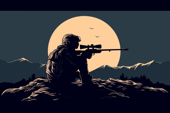 Hand-drawn cartoon Sniper at military base flat art Illustrations in minimalist vector style