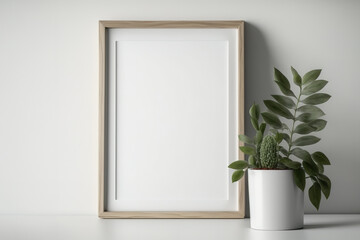 wood-white Mock portrait or poster frame with houseplant on table. Minimal. Generative AI