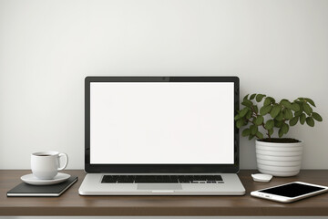 Blank laptop screen mockup on wooden desk near white wall. illustration. Generative AI