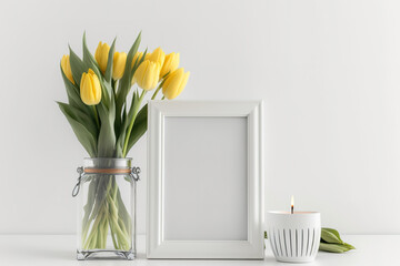 Mother's Day decor: tulip in glass vase with frame on white wall. Generative AI