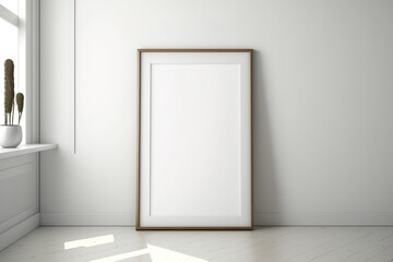 Interior mockup of wooden rectangle leaning on white floor. Wall-framed picture template. Generative AI