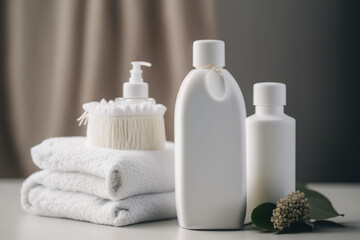 Obraz na płótnie Canvas White towels are rolled with shampoo and liquid soap bottles on a table with copy space against a blurry room background. product displaymontage. Generative AI