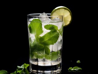 fresh cold alcholoic mojito cocktail with lime, ice cubes and mint isolated on black blackground. Generative AI