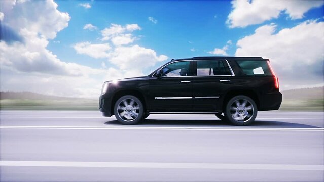 big black luxury car on highway. Very fast driving.