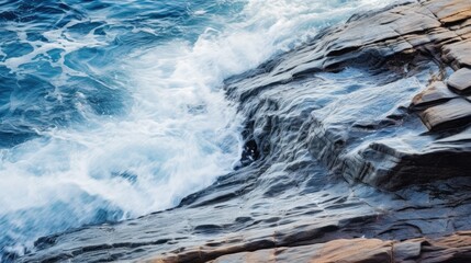 Crashing waves on a rocky shore, captured with a slow shutter speed. Generative AI