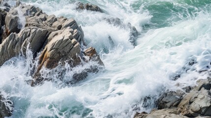Crashing waves on a rocky shore, captured with a slow shutter speed. Generative AI