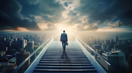 Fototapeta na wymiar Ambitious businessman climbing stairs to meet incoming challenge and business opportunity. The high stair represents the concept of career path success with generative ai