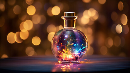 Obraz na płótnie Canvas A flask filled with twinkling lights, reminiscent of stars, casting a bewitching glow and evoking a sense of ethereal wonder. Generative AI