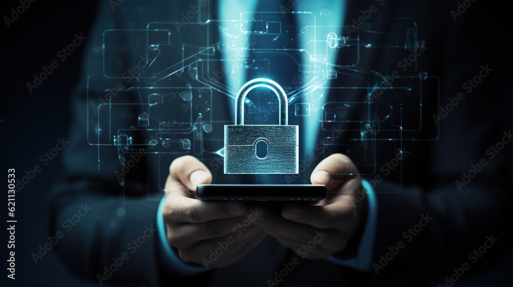 Poster businessman working on table with digital cybersecurity and network protection concept, interactive 
