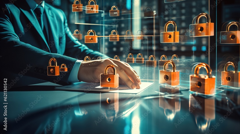 Poster businessman is working on a table with the concept of digital cybersecurity and network protection. 