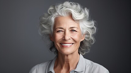Close-up portrait of smiling senior woman against gray background with generative ai