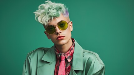 fashion model portrait and non binary person with designer clothing with green background. Isolated, studio and modern hipster clothes of an lgbtq and serious adult, generative ai - obrazy, fototapety, plakaty