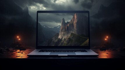 A Laptop Computer Screen Displaying an Image of Mountains in the Background Generative AI