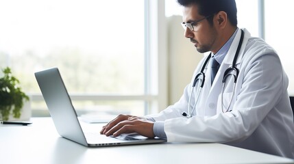online medical consultation - doctor working on laptop computer in clinic office. copy space, generative ai