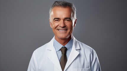 Confident and Caring: A seasoned medical professional, a mature man with kind eyes and a genuine smile, exudes confidence and compassion in a portrait setting.