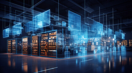a futuristic technology retail warehouse: digitalization and visualization of manufacturing industry created by generative AI