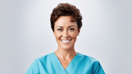 Compassionate Healthcare Professional:  A friendly female nurse, with a warm smile and caring eyes,  radiates confidence and compassion in a  portrait that captures the essence of healthcare.