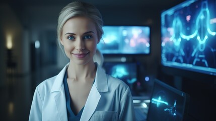 Confident Doctor in Modern Lab: A portrait of a smiling female doctor in a pristine white coat, standing confidently amidst advanced medical technology, showcasing the future of healthcare. 