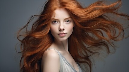 Fototapeta premium Redhead Beauty: A stunning portrait of a young woman with flowing, vibrant red hair, her beauty captivating against a subtle gray backdrop. The image exudes elegance and natural charm. 