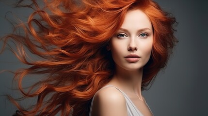 Fototapeta premium Radiant Redhead: A stunning portrait of a woman with flowing, vibrant red hair. Her captivating gaze and flawless complexion command attention, showcasing the beauty and allure of fiery locks. 
