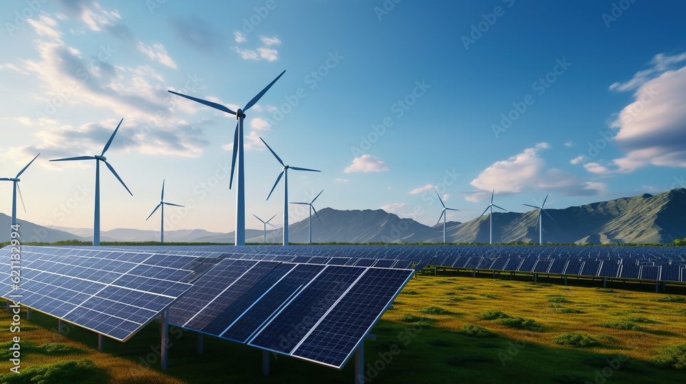 Sticker Solar energy panel photovoltaic cell and wind turbine farm power generator in nature landscape for production of renewable green energy is friendly industry, generative ai