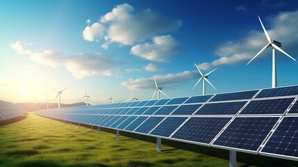 Solar energy panel photovoltaic cell and wind turbine farm power generator in nature landscape for production of renewable green energy is friendly industry, generative ai