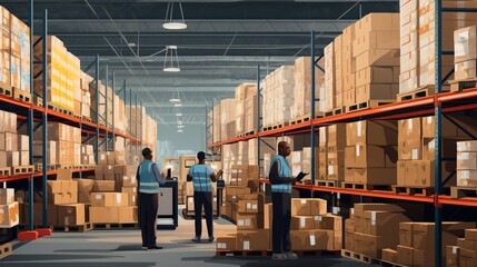 Logistics worker reading a clipboard while moving goods with a pallet jack in a warehouse with generative ai