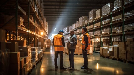 Logistics worker reading a clipboard while moving goods with a pallet jack in a warehouse 