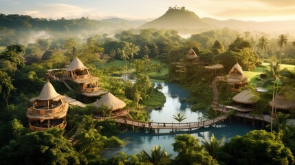 World inspired by the Amazon rainforest, with lush greenery, exotic wildlife, and tribal communities