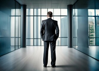 Businessman in a suit captured from behind. Leader style makes important decisions