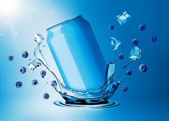 Dynamic Mockup Template Render of Soda Drink Can Advertisement Splashing in the Cool Brisk Water (Blueberry Flavor)
