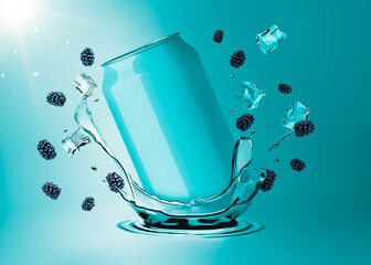 Dynamic Mockup Template Render of Soda Drink Can Advertisement Splashing in the Cool Brisk Water (Blue Raspberries Flavor)