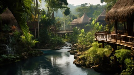 Fototapeta premium World inspired by the Amazon rainforest, with lush greenery, exotic wildlife, and tribal communities
