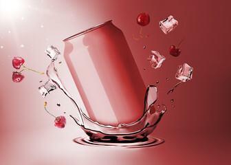 Dynamic Mockup Template Render of Soda Drink Can Advertisement Splashing in the Cool Brisk Water (Cherry Flavor)