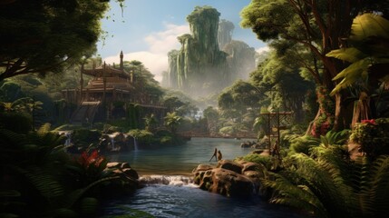 World inspired by the Amazon rainforest, with lush greenery, exotic wildlife, and tribal communities