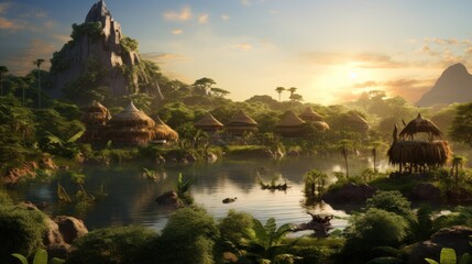 Obraz premium World inspired by the Amazon rainforest, with lush greenery, exotic wildlife, and tribal communities
