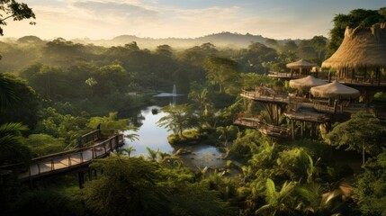 Naklejka premium World inspired by the Amazon rainforest, with lush greenery, exotic wildlife, and tribal communities