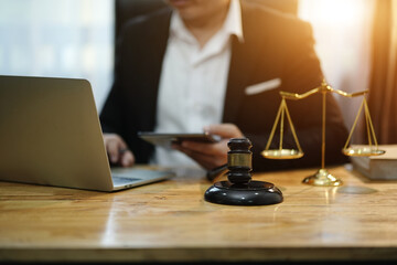 Judge gavel with Justice lawyers having team Concepts of Law and Legal services