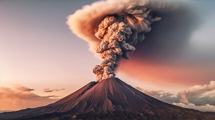 A volcanic eruption, with a towering plume of smoke and ash ascending into the sky, evoking a sense of both danger and breathtaking natural beauty. Generative AI