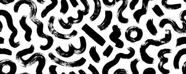 Fototapeta na wymiar Biological grunge squiggle lines seamless pattern. Brush drawn bold curved strokes, thick waves and circles. Arches and straight brush strokes. Vector organic irregular circular lines.